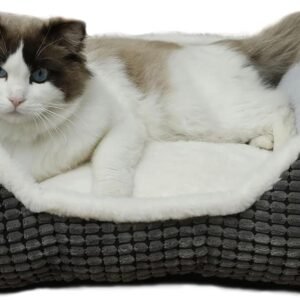 Luxury Square Grey Cat & Dog Bed - Soft Washable Animal Pet Beds with Anti-Slip & Water-Resistant Bottom, Perfect for Indoor Small Dogs & Cats, Kittens & Puppies