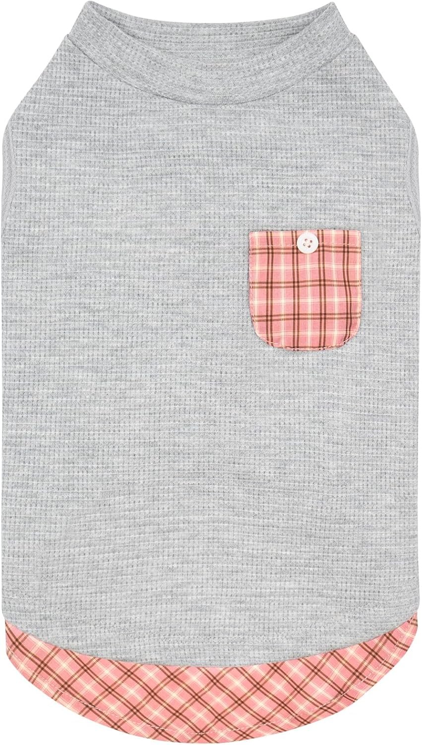 Waffle Dog Shirts for Small Dogs Soft Breathable T-Shirts Lightweight Sleeveless Pet Vest Stretchy Puppy Clothes with Pocket Decoration and Plaid Patchwork Design, Medium