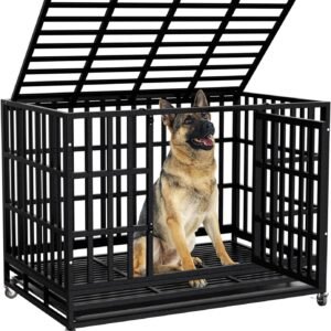 48 Inch Heavy Duty Dog Crate Kennel with Wheels, High Anxiety Indestructible Dog Crates for Large Dogs, XL XXL Extra Large Dog Crate with Removable Plastic Tray, Two Locks (Black, Square)