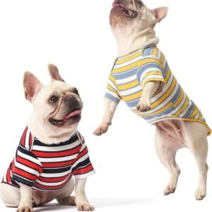 Dog Shirts Cotton Striped T-Shirt, Summer Pet Clothes for Small Dogs, 2-Pack Soft Puppy Apparel Cat Tee, Breathable Stretchy, Red Yellow L