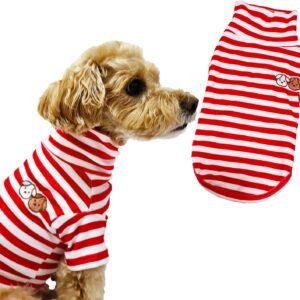 Turtleneck Dog Shirt Cute Doggie Embroidery Super Soft Dog Sweatshirt Stretchy Striped Puppy Pullover for Cats Small Medium Large Dogs (Red Striped, X-Small)