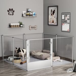 Clear Dog Playpen Fence : Indoor Pet Whelping Box Pen with Waterproof whelping pad - Small Animal Acrylic Exercise Kennel with Metal Frame for Puppy Rabbits Kitten Guinea Pig