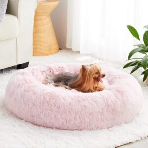 Calming Dog Bed Cat Bed Donut, Faux Fur Pet Bed Self-Warming Donut Cuddler, Comfortable Round Plush Dog Beds (20 x 20 x 8 Inch, Light Pink)