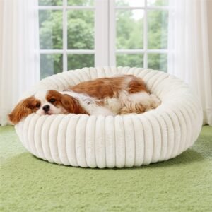 Donut Medium Dog Bed - Washable Faux Fur with Corduroy Fleece & Anti Slip Bottom, Round Pet Bed with Removable Cover, Cream, 30x30x8 inches