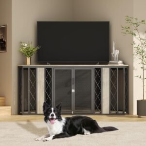 67" Corner Wooden Dog Crate Furniture with Diamond Metal Decoration, Pet Kennel for Small, Medium and Large Dogs, Space-Saving Dog Cage for TV Stand(Grey)