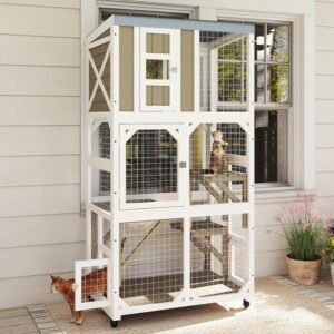 64" Large Wooden Catio Outdoor Cat Enclosure, Window Cat House with Wheels & 3 Platforms, Kitty Cage with Weatherproof Roof for Multiple Cats (Gray)