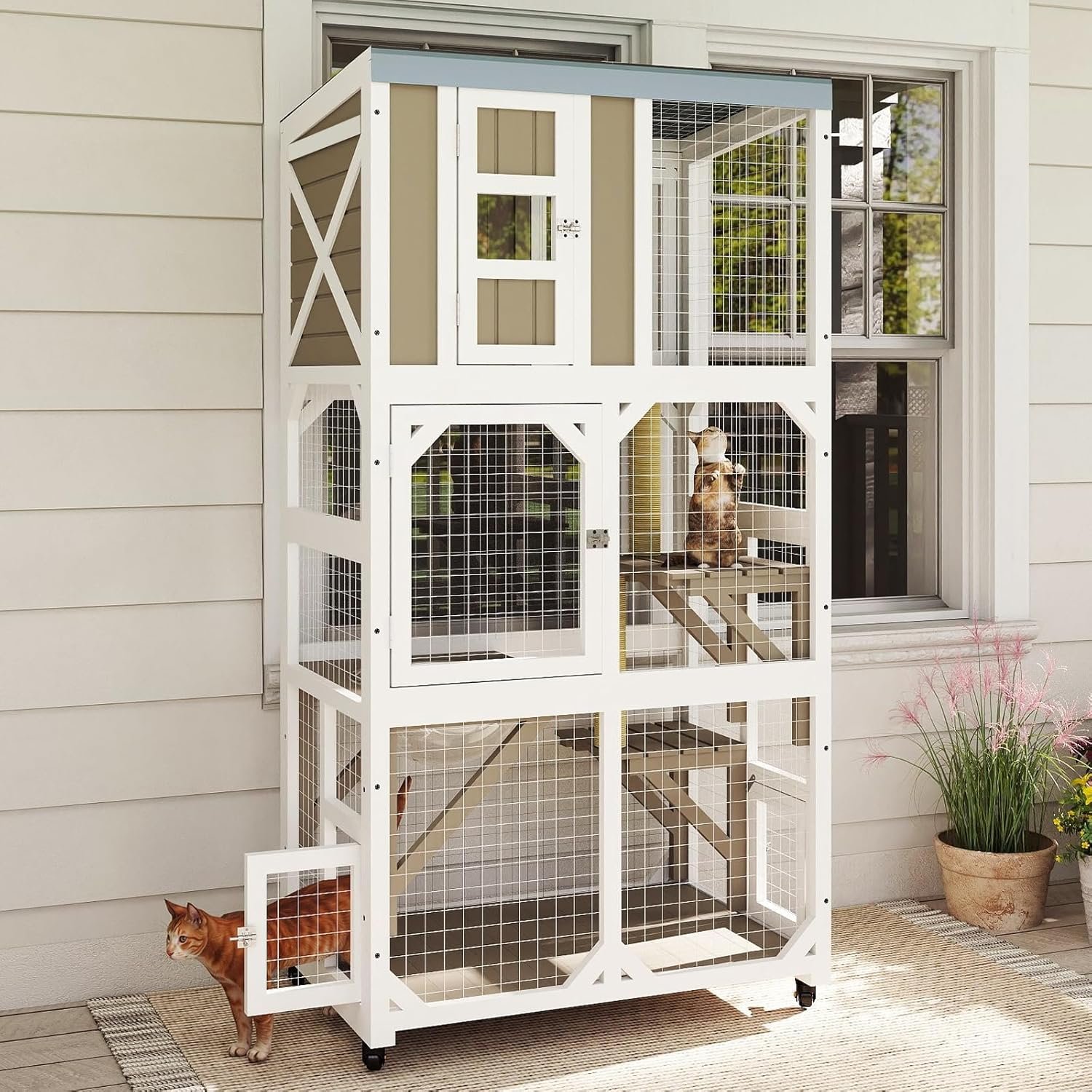 64" Large Wooden Catio Outdoor Cat Enclosure, Window Cat House with Wheels & 3 Platforms, Kitty Cage with Weatherproof Roof for Multiple Cats (Gray)