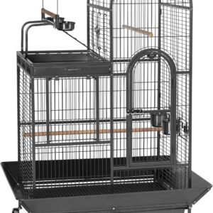 Double Roof Steel Bird Cage with Playtop, 36.5 x 27.25 Inch with 7/8 inch Wire Spacing for Medium to Large Birds and Small Parrots in Black Hammertone Finish