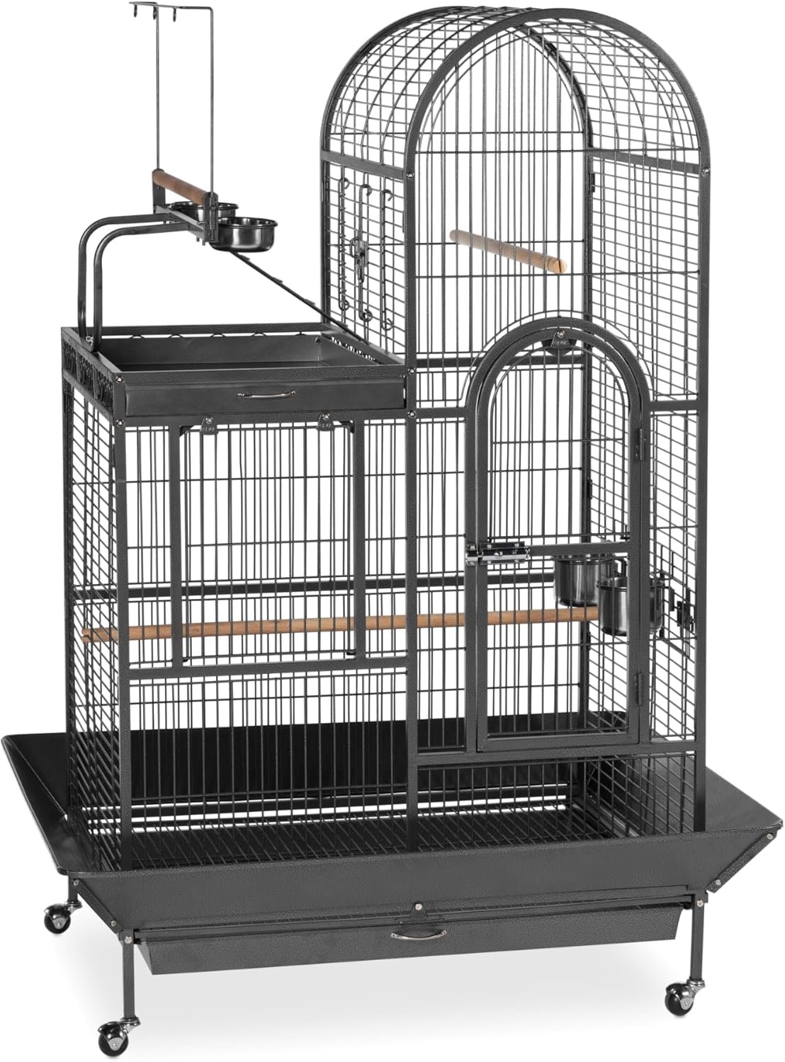 Double Roof Steel Bird Cage with Playtop, 36.5 x 27.25 Inch with 7/8 inch Wire Spacing for Medium to Large Birds and Small Parrots in Black Hammertone Finish