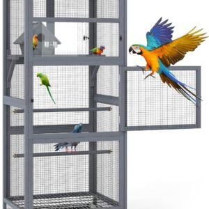 68" H Large Wood Bird Cage on Wheels, Outdoor Bird Aviary Indoor Wooden Large Bird Cage Parakeet Cage with Pull Out Tray and Feeder,Ideal for Small Birds,Finches,Parrots, Gray