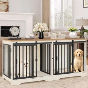 54" Dog Crate Furniture for 2 Dogs, Double Dog Cage with Divider, Wooden Heavy Duty Dogs Kennel, Pet Cage with Barn Door, TV Stand for Large Small Medium Pet, White Brown