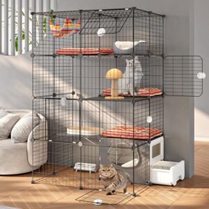 Cat Cage with Litter Box, 4-Tier DIY Enclosures Detachable Metal Wire Kennel Indoor Crate Large Exercise Place Ideal for 1-2 Cats