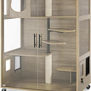 Wooden Cat House with Scratching Posts, Luxury Large Cat Condo with Lockable Wheels, Indoor Kitten Cage with Escape Door,