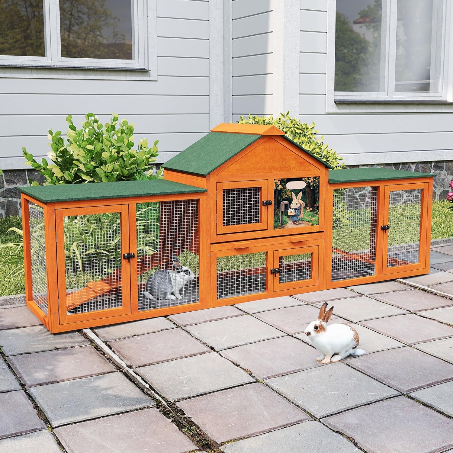 82” Extra Large Fashion Wooden Outdoor Rabbit Hutch Bunny Cage Indoor Easy to Assemble and Durable with Cleaning Tray & Waterproof Roof for Small & Medium Bunny Rabbit Duck Chick (Orange) - Image 2